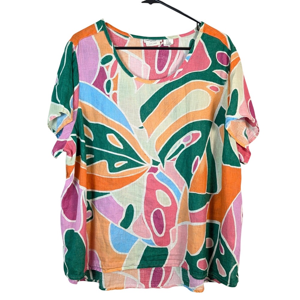 Christian Siriano Linen Top Tropical Abstract Leaf Print Pink Orange Top 2x
